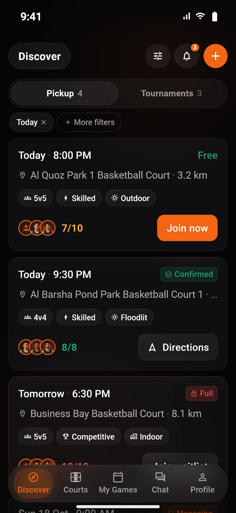 HoopingNow discover screen with games near you