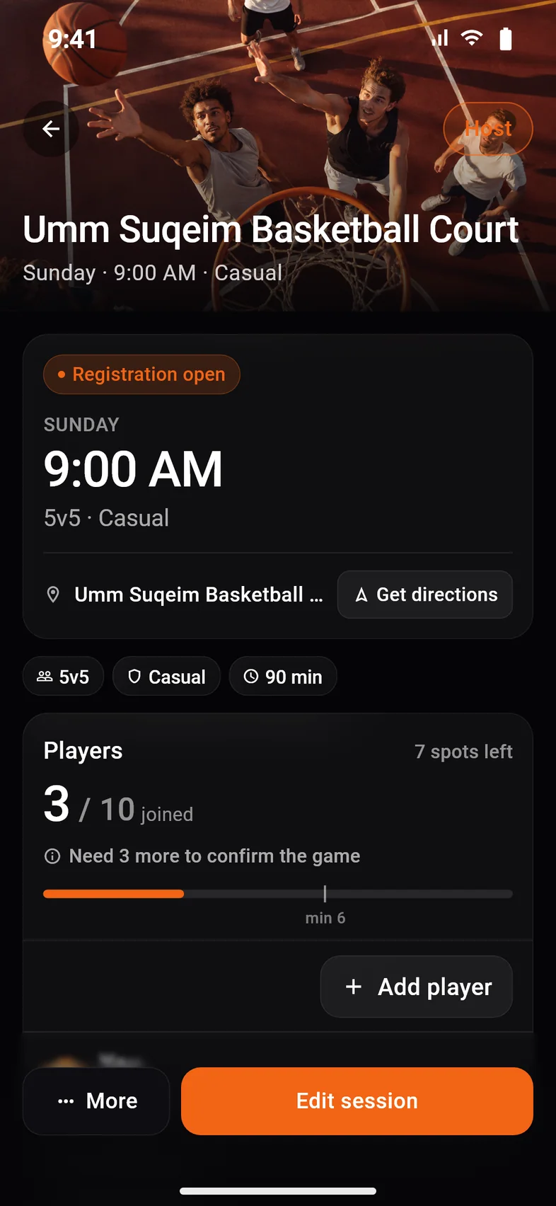 HoopingNow manage run screen with the live lineup