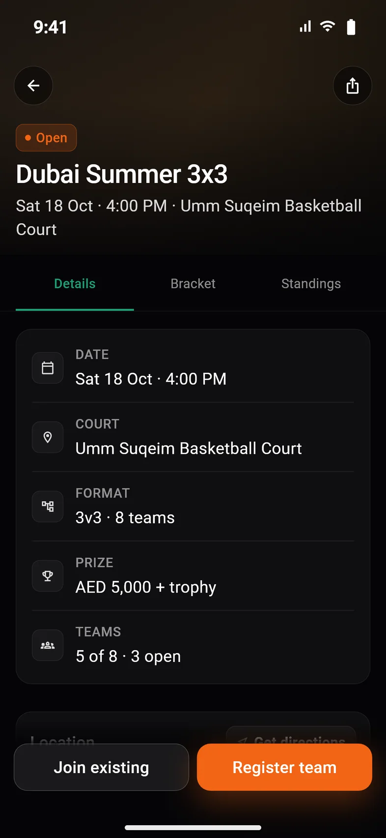 HoopingNow tournament screen with registered teams and the bracket