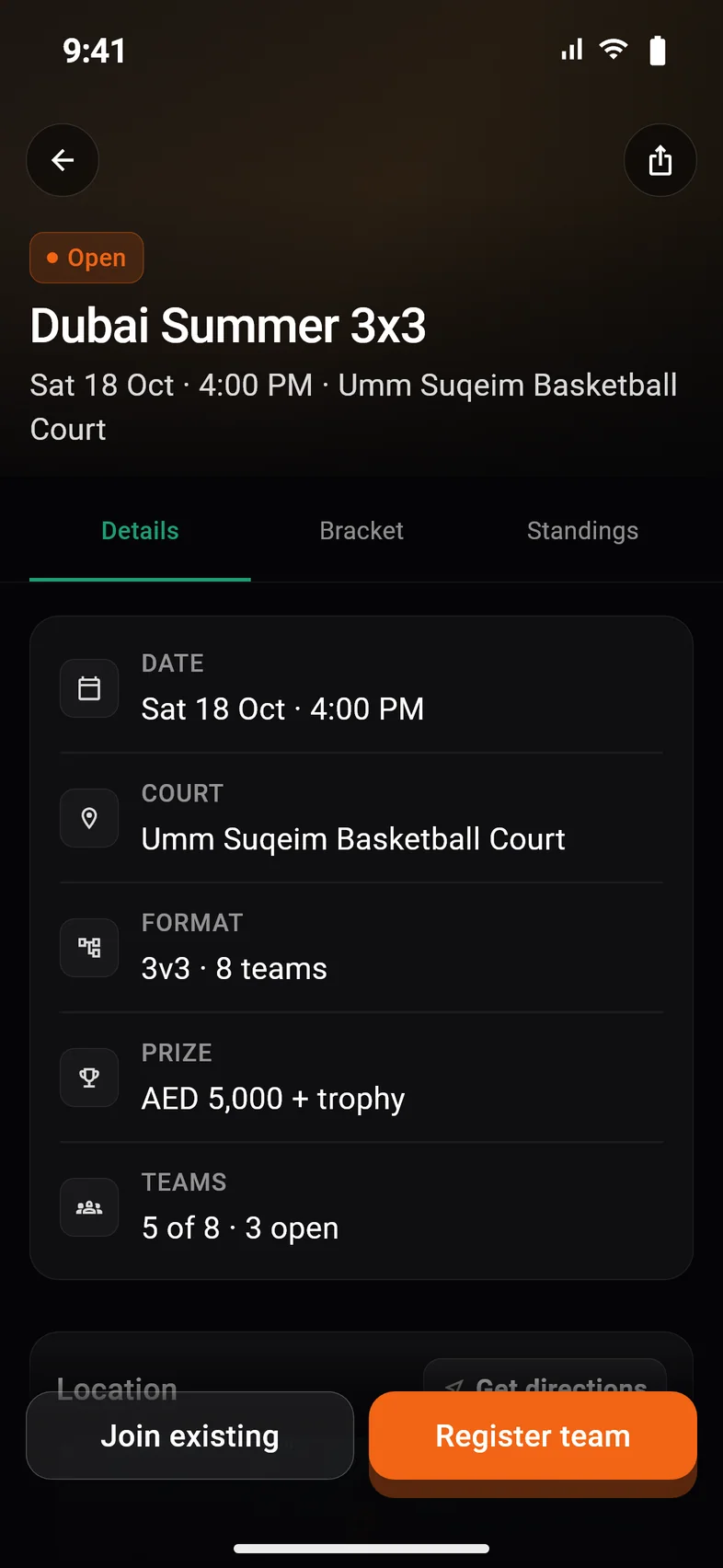 HoopingNow tournament screen