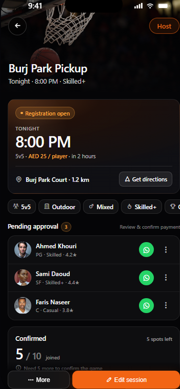HoopingNow host a game — Burj Park pickup, approvals and check-in